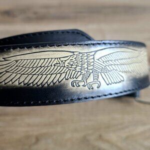 PU/split leather black belt with tooled eagles.
